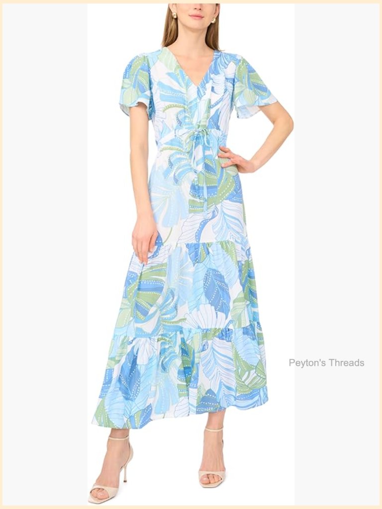 Tie Waist Cap Sleeve Tiered Maxi Dress With Floral Print